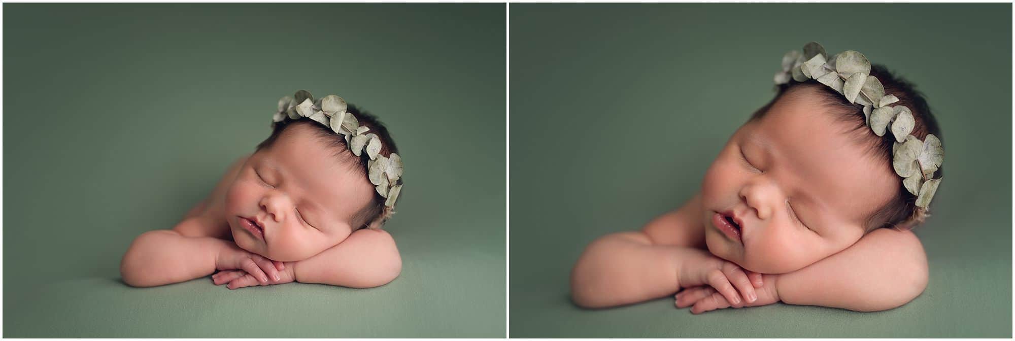 cincinnati newborn photographer Samantha sinchek captures beautiful sleeping baby girl on green