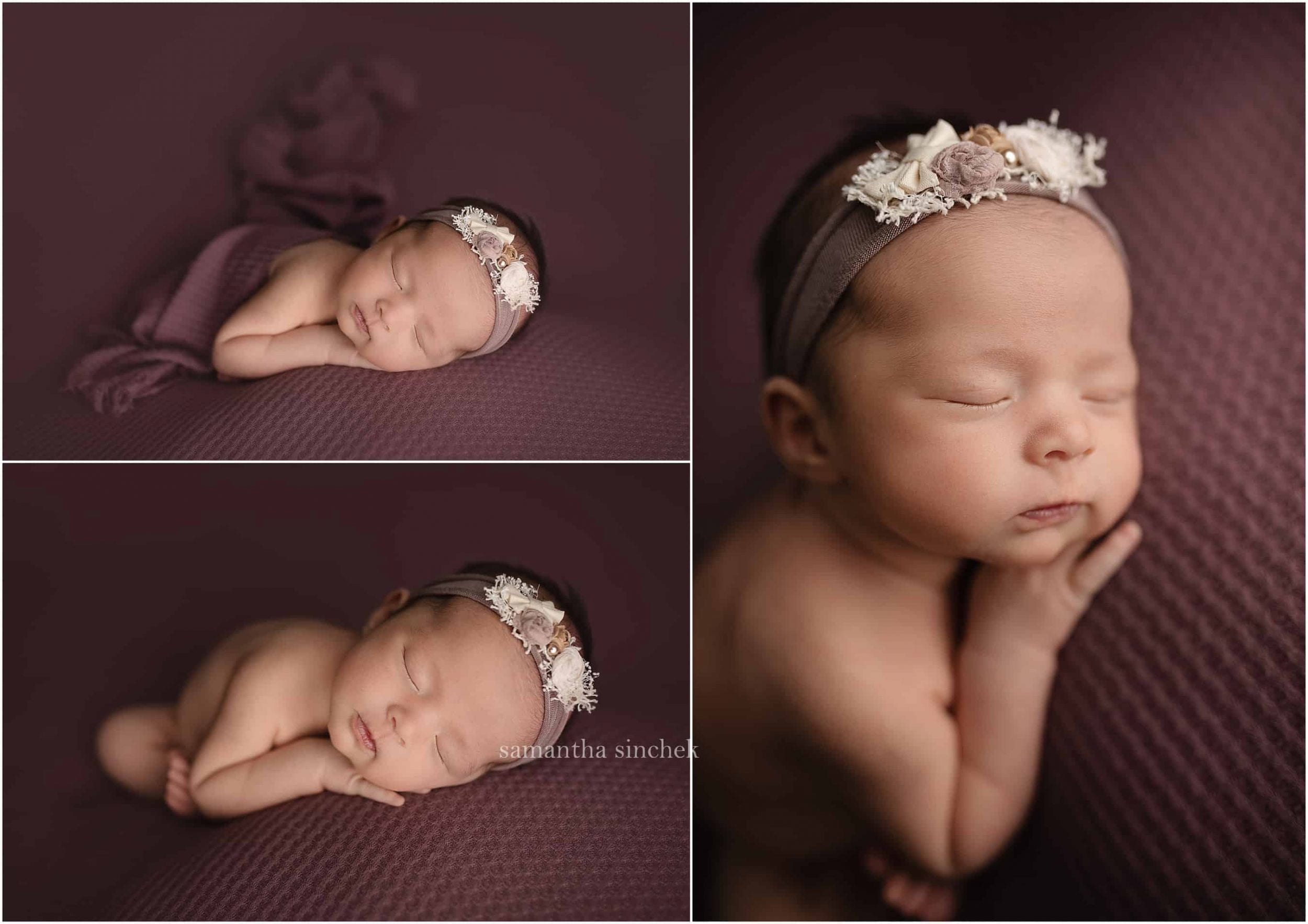 newborn asleep on purple backdrop with Cincinnatis best newborn photographer sinchek