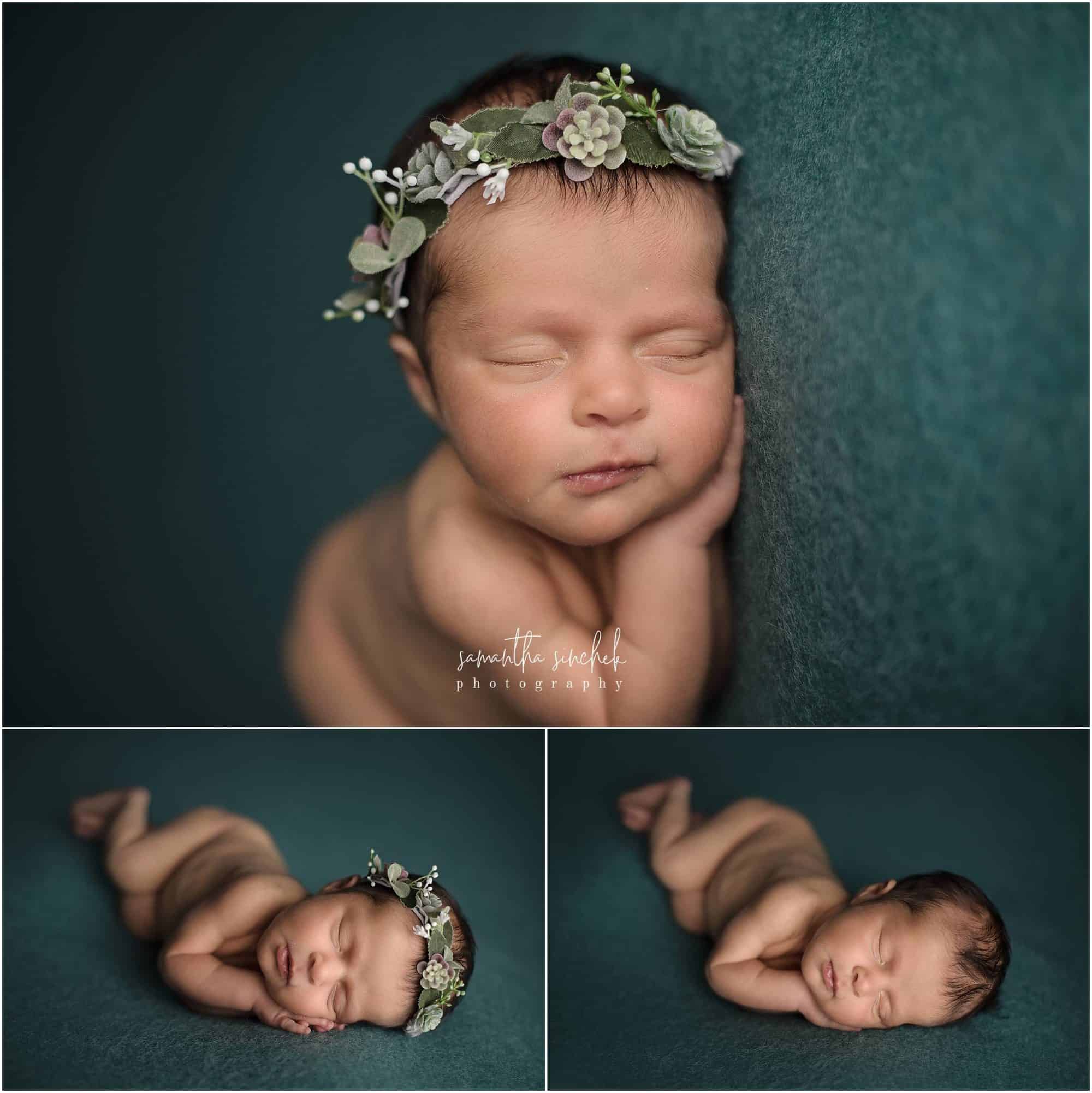 wearing a succulent headband a cincinnati newborn sleeps